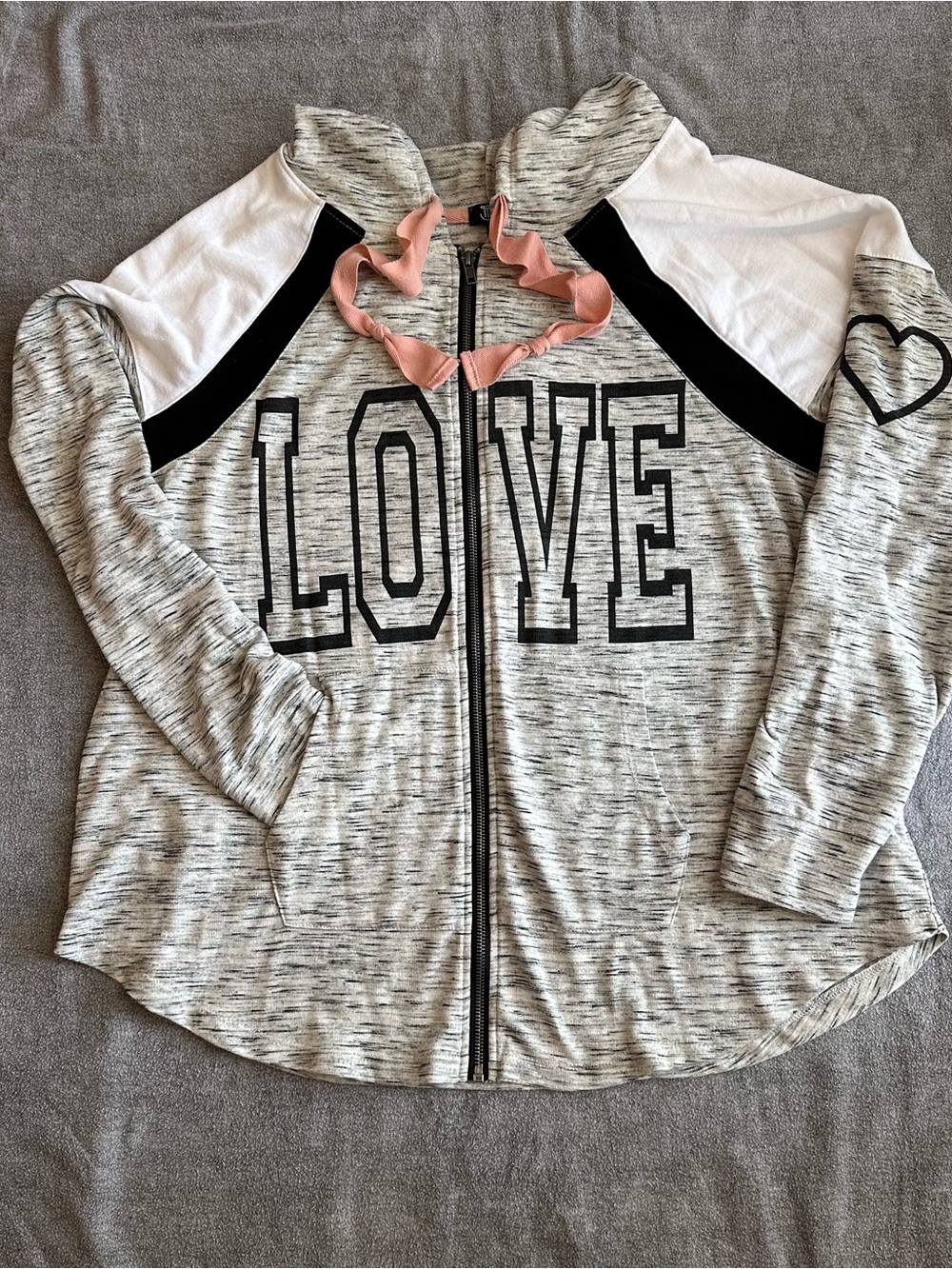 Miss Chievous Heather Gray LOVE Zip-Up Hoodie with Pink Drawstring